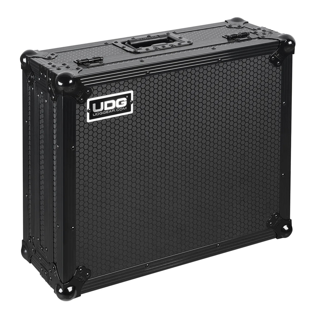UDG Ultimate Flight Case Pioneer DJ DJM-V10 Black, photographed from a front-side angle on a white background.