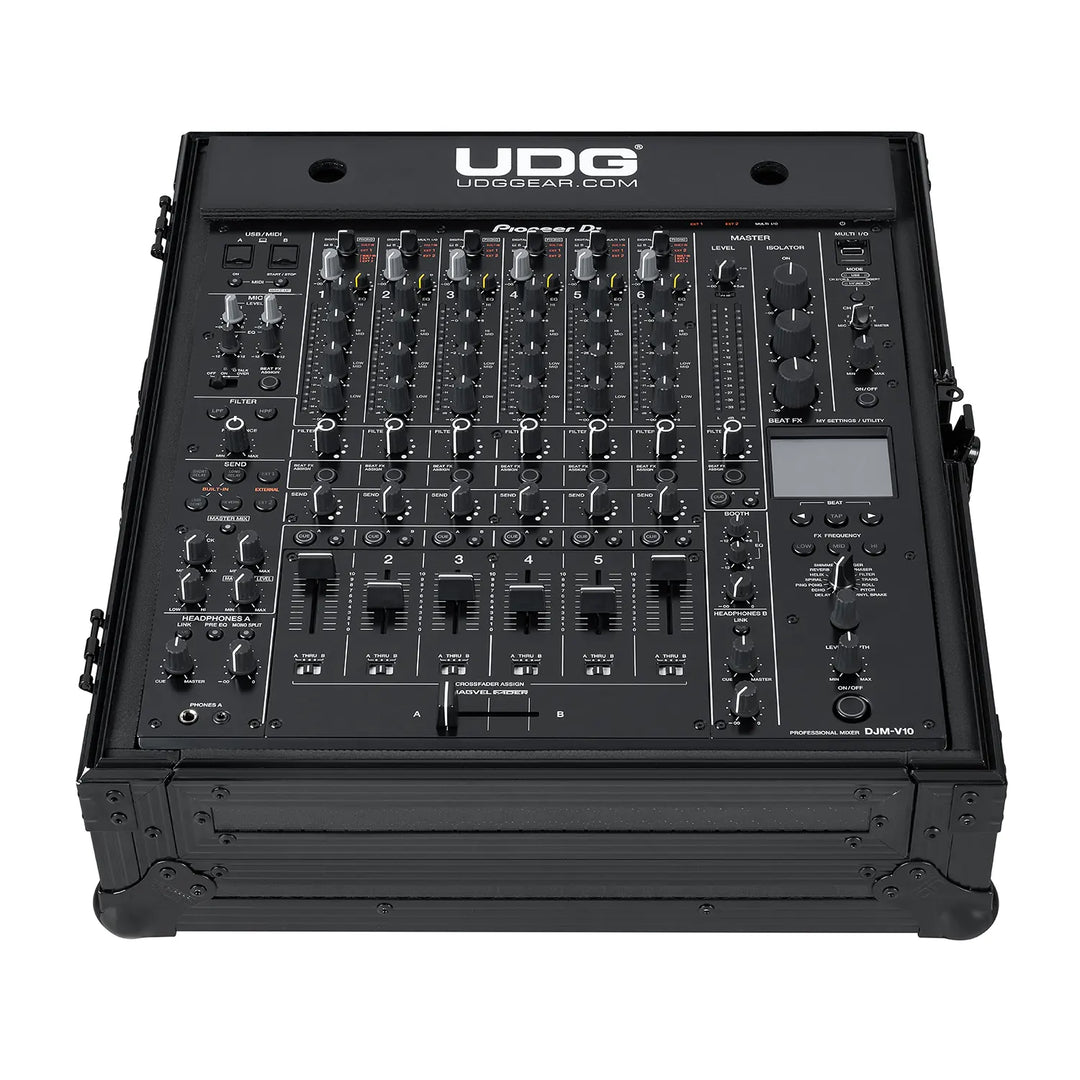 Pioneer DJ DJM-V10 DJ mixer in the UDG Ultimate Flight case, photographed from a high angle on a white background.