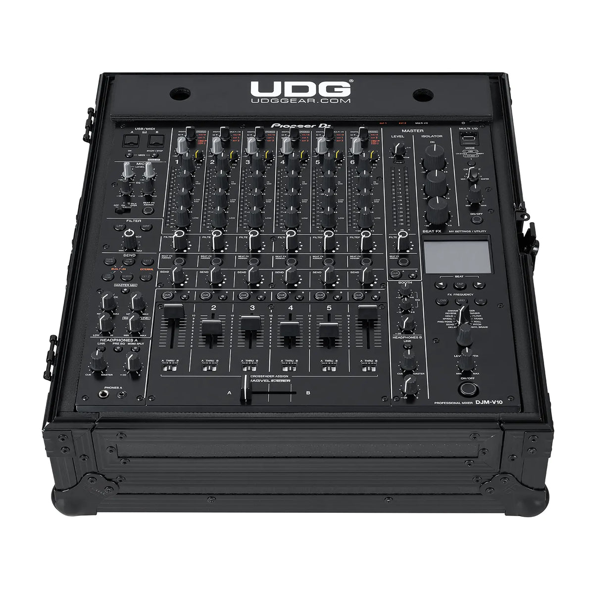Pioneer DJ DJM-V10 DJ mixer in the UDG Ultimate Flight case, photographed from a high angle on a white background.