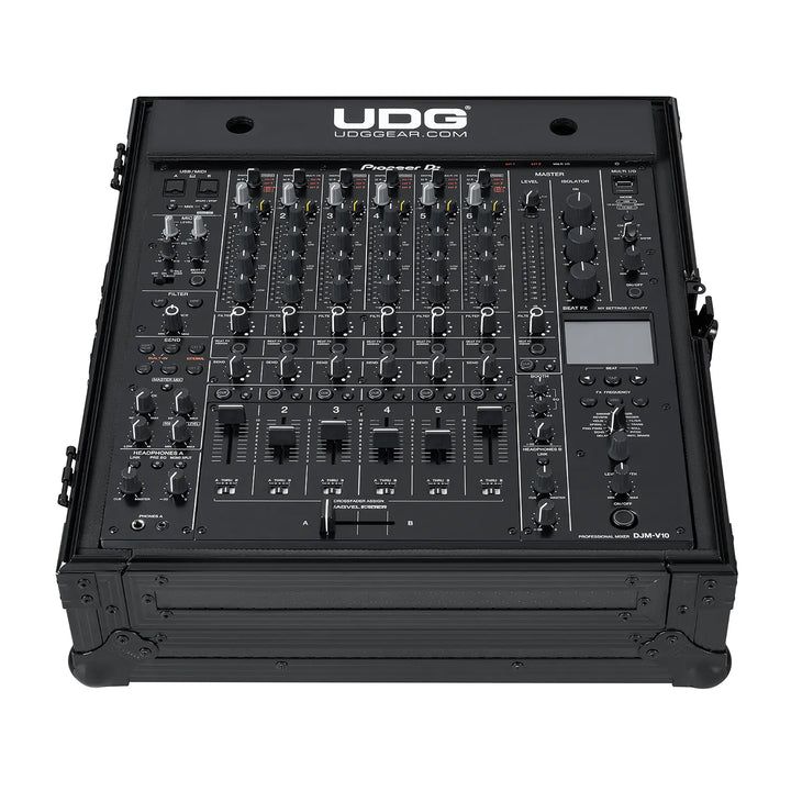 Pioneer DJ DJM-V10 DJ mixer in the UDG Ultimate Flight case, photographed from a high angle on a white background.