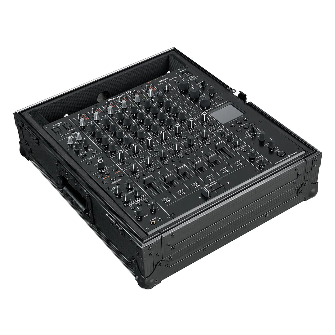 Opened UDG Ultimate Flight Case Pioneer DJ DJM-V10 Black, photographed from a top perspective angle on a white background.