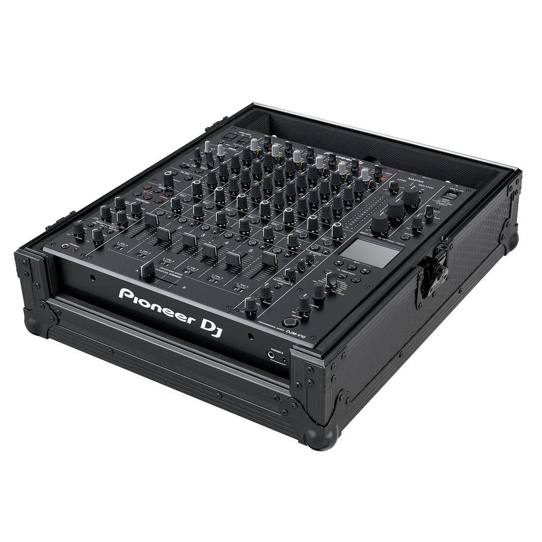 Opened UDG Ultimate Flight Case Pioneer DJ DJM-V10 Black, photographed from a top perspective angle on a white background.