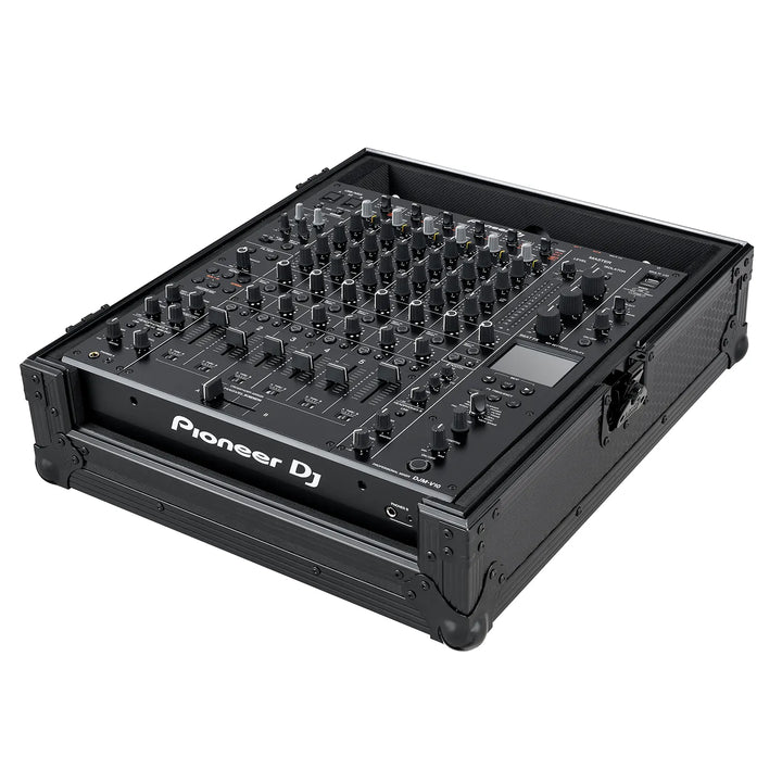 Opened UDG Ultimate Flight Case Pioneer DJ DJM-V10 Black, photographed from a top perspective angle on a white background.