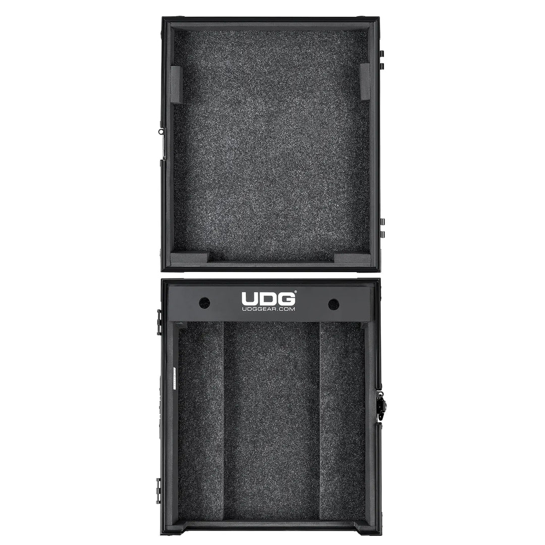 Opened UDG Ultimate Flight Case Pioneer DJ DJM-V10 Black, photographed from a top-straight angle on a white background.