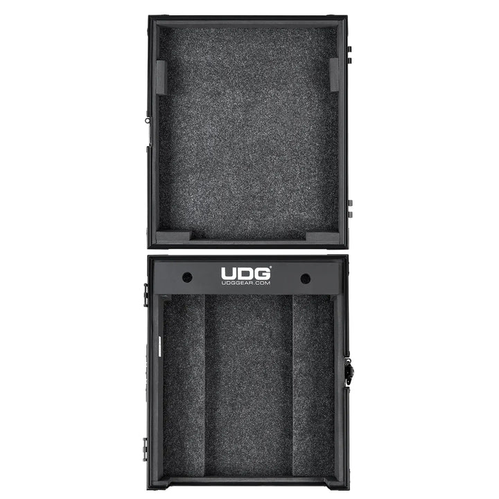 Opened UDG Ultimate Flight Case Pioneer DJ DJM-V10 Black, photographed from a top-straight angle on a white background.