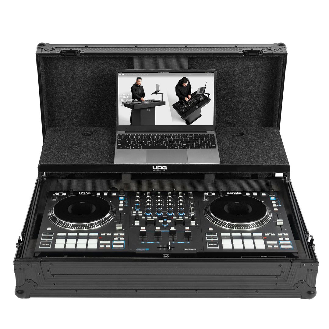 UDG Ultimate Flight Case Rane Performer/ Four Black Plus (Laptop Shelf + Wheels)