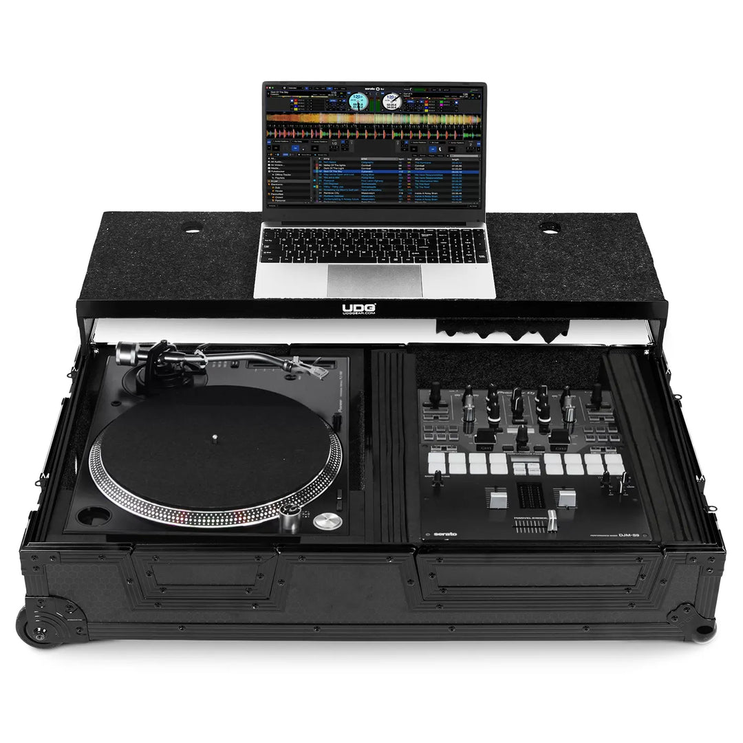 UDG Ultimate Flight Case Single Turntable Battle/ PLX-CRSS12 & 10"/12" Mixer Black Plus (Laptop Shelf, Trolley & Wheels)