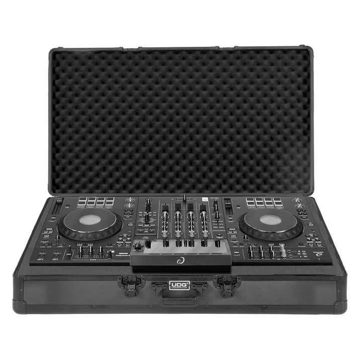 An Opened view of UDG Ultimate Pick Foam Flight Case Multi Format 3XL Black MK2 with AlphaTheta XDJ-AZ inside
